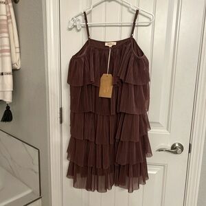 Tiered Pleated Spaghetti Strap Dress - mauve